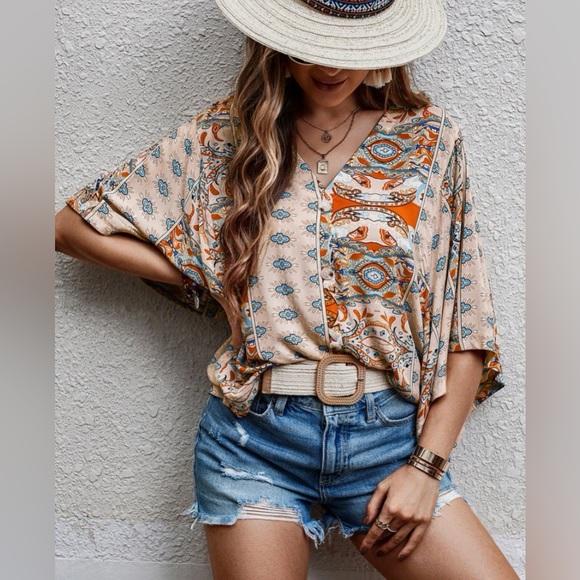 Cream Navy Boho Floral Kimono Wide Sleeve Top / Batwing Sleeve Blouse - Picture 6 of 6